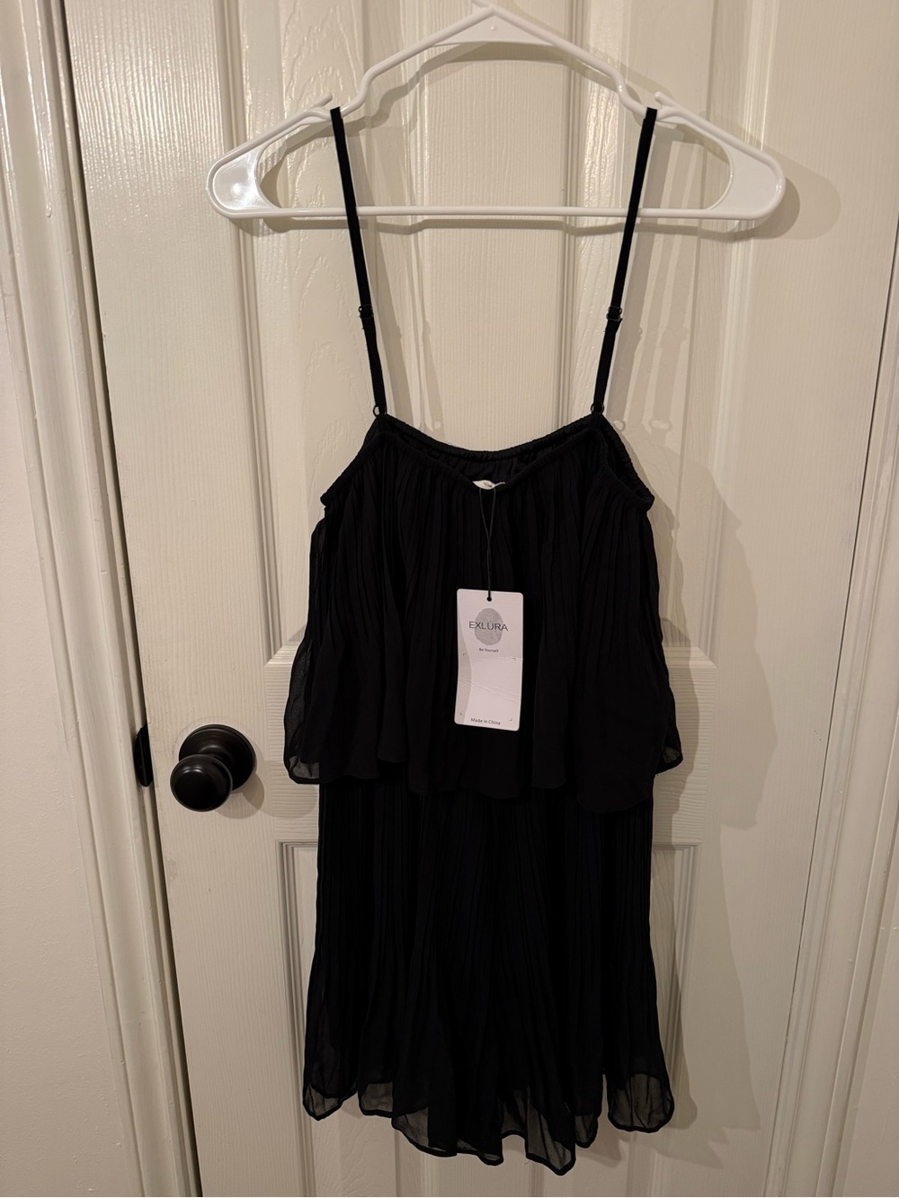 EXLURA Black Pleated Spaghetti Strap Dress